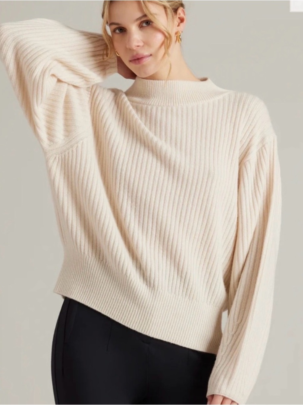 Rhone Wool Cashmere Ribbed Balloon Sleeve   Oversized Mock Neck Sweater XL